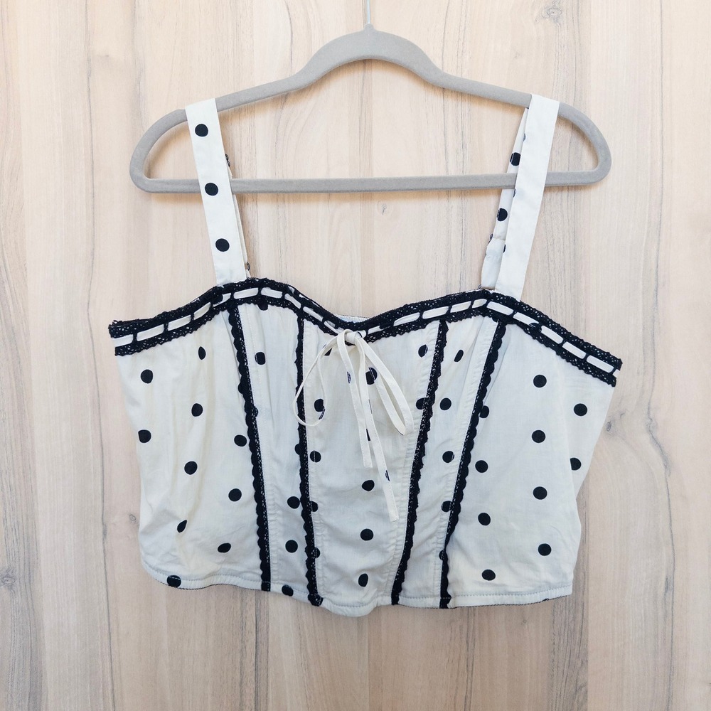 Womens Polka‎ Dot Corset Crop Top Size XL Cream Black Lace Up Retro Y2K Femme
